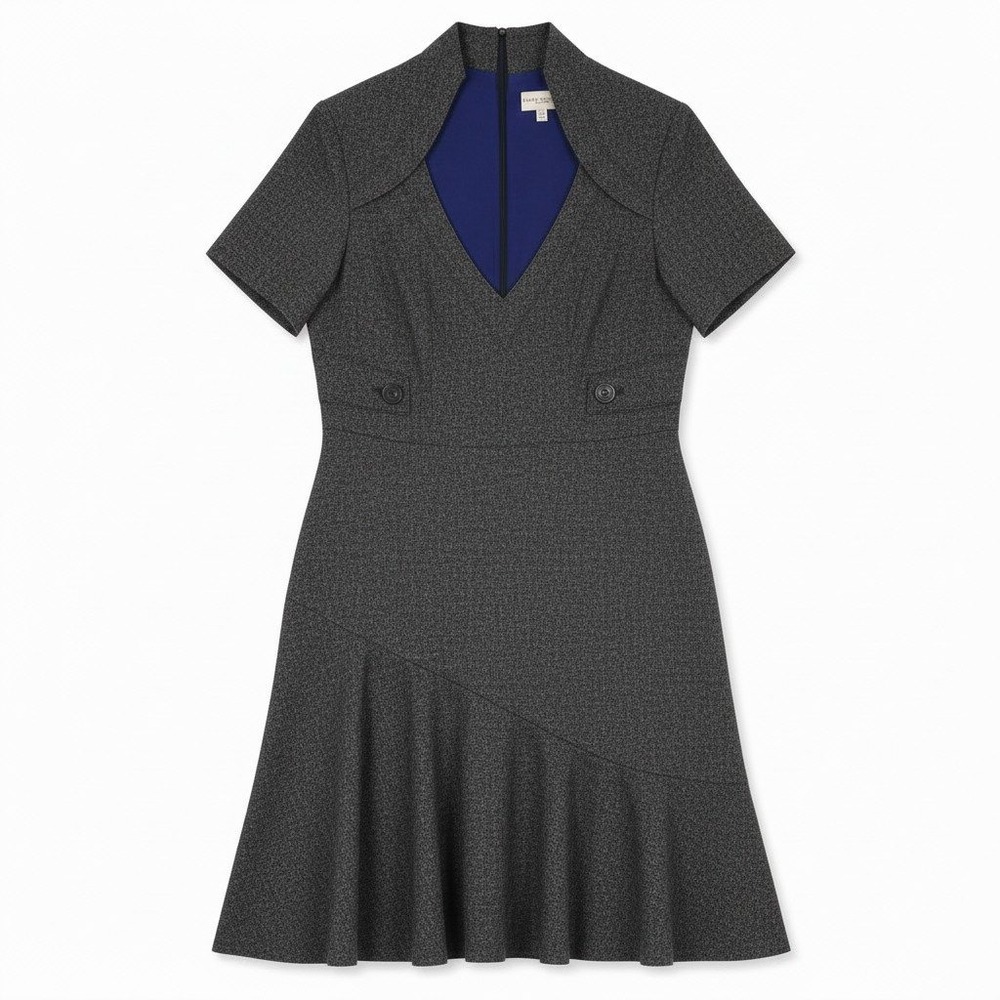 Karen Millan Dress Womens 12 Gray V Neck Wool Blend Galaxy Tweed V Neck Flared